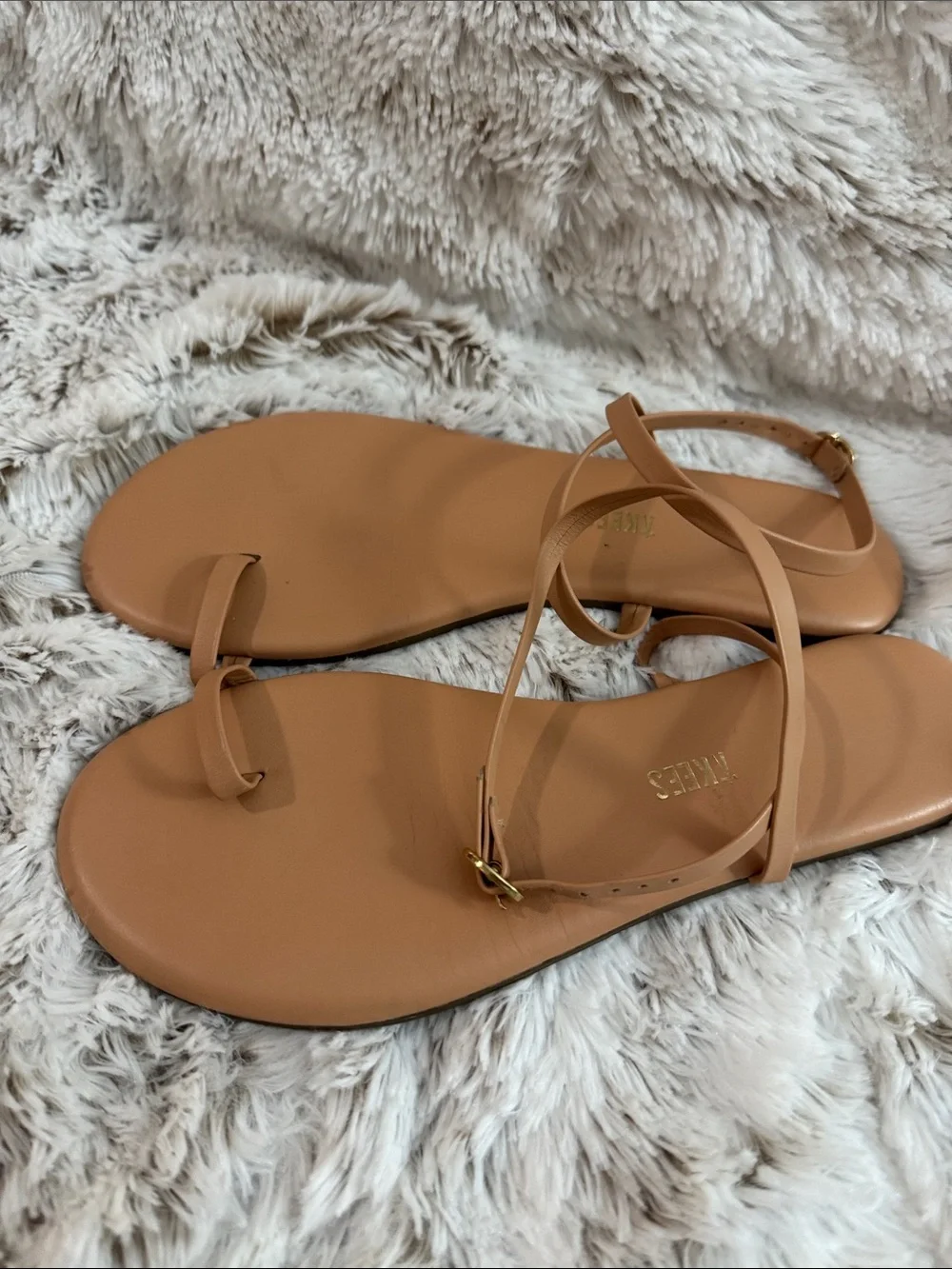 TKEES Camel Tan Leather Toe-Ring Ankle-Strap Sandals
